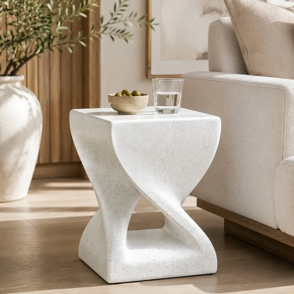 Compact Modern White Marble MGO End Table - 13.4x17.9" Sturdy Robust Construction Low Maintenance Side Table, Twisted-Base Pedestal, Weather-Resistant, Indoor-Outdoor, Ready to Use
