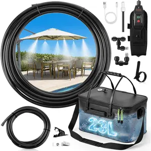 6 Gallon Portable Misting System, 30 FT Cooling Misters with Water Mister Pump Foldable Bucket 8 Mist Nozzles for Outdoor Patios, Golf Carts, Greenhouse, Canopy, Camping, Hiking (Black)