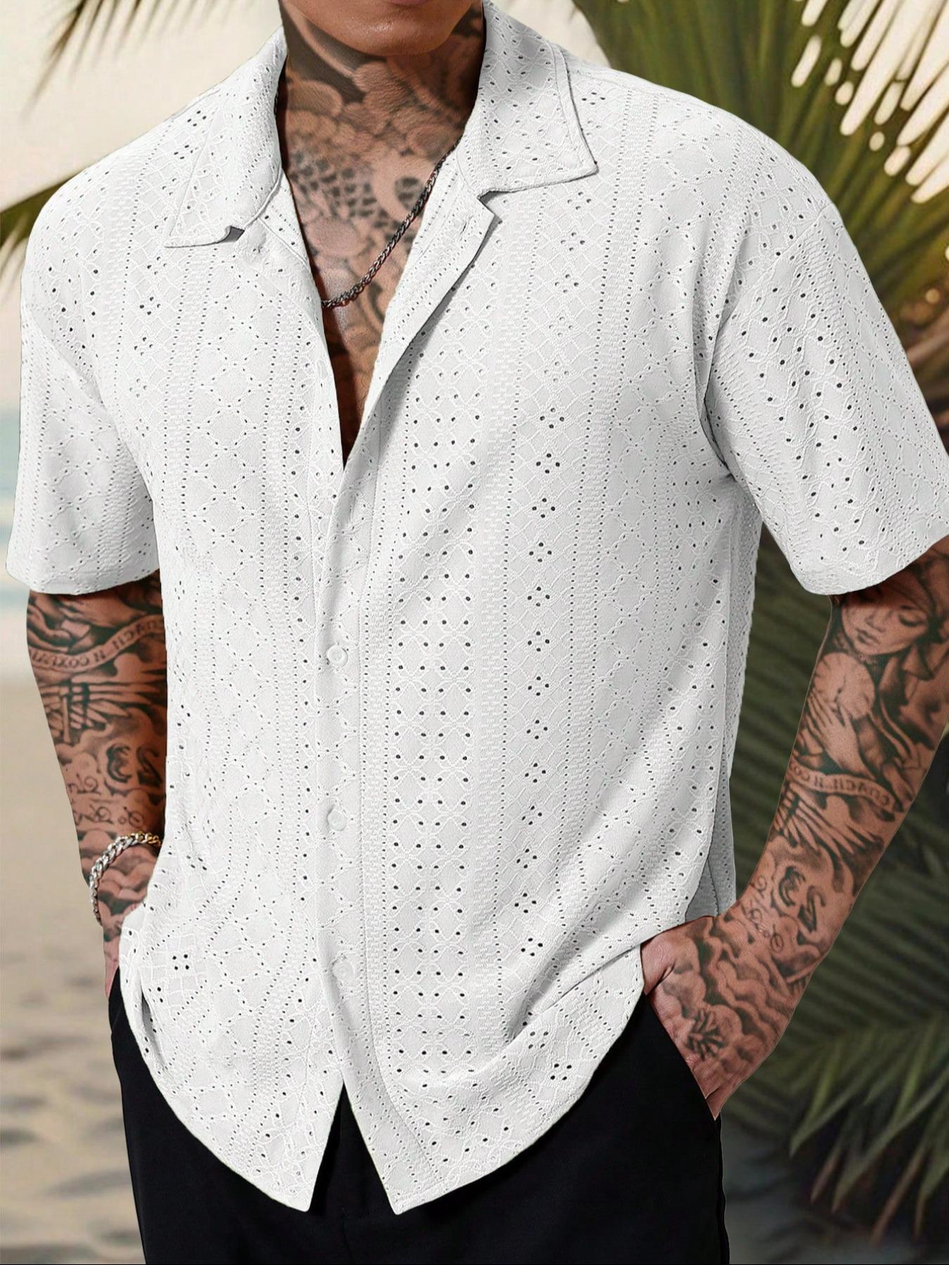 Men's Vacation, Tropical Casual Style, INS Matched Knitted Black And White Geometric Striped Crochet Textured Jacquard Loose Short-Sleeve Shirt, Featuring A Button Placket, This Shirt Embodies Elegance And Romance, Making It Perfect For Hawaiian Beach