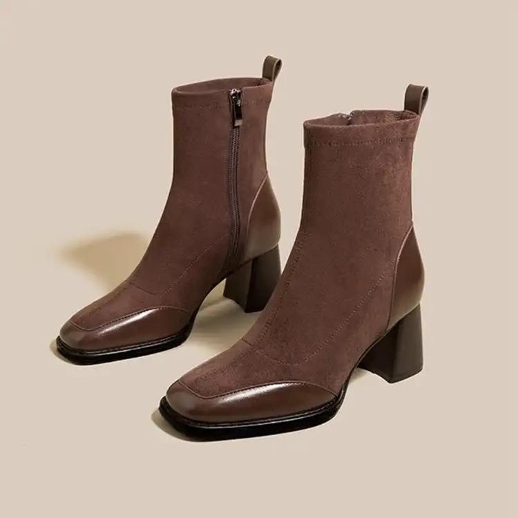 YYW1 Women's Retro Square Toe Chunky Heel Ankle Boots, Brown Fall Winter Casual Wear Footwear with Side Zipper, Fabric & Rubber Sole