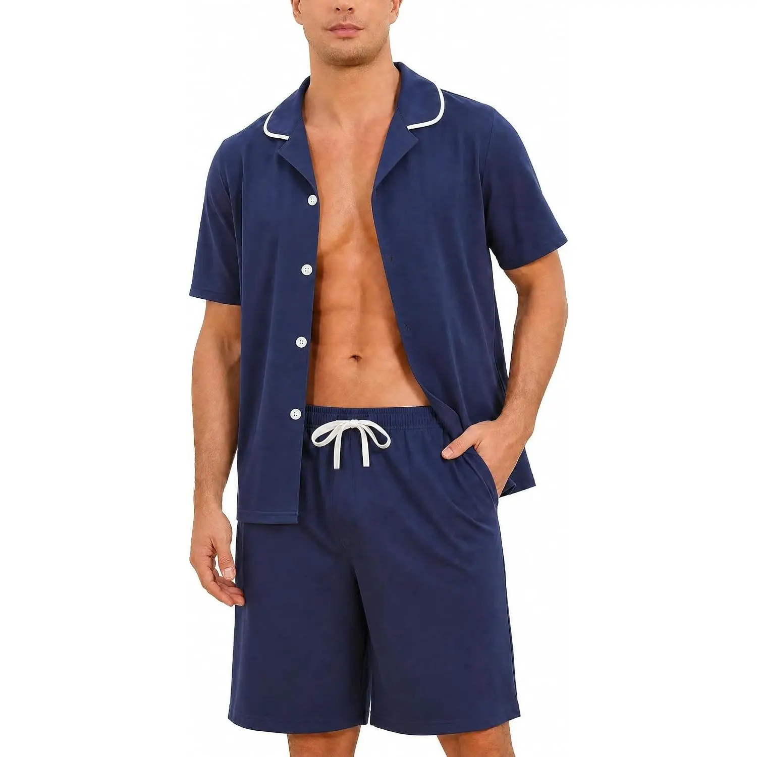 Men's 2-Piece Cotton Pajama Set - Soft, Natural Smooth Fabric, Button-Down Short Sleeve, Casual Pants, Pocketed Sleep Lounge Pj Set, Loungewear