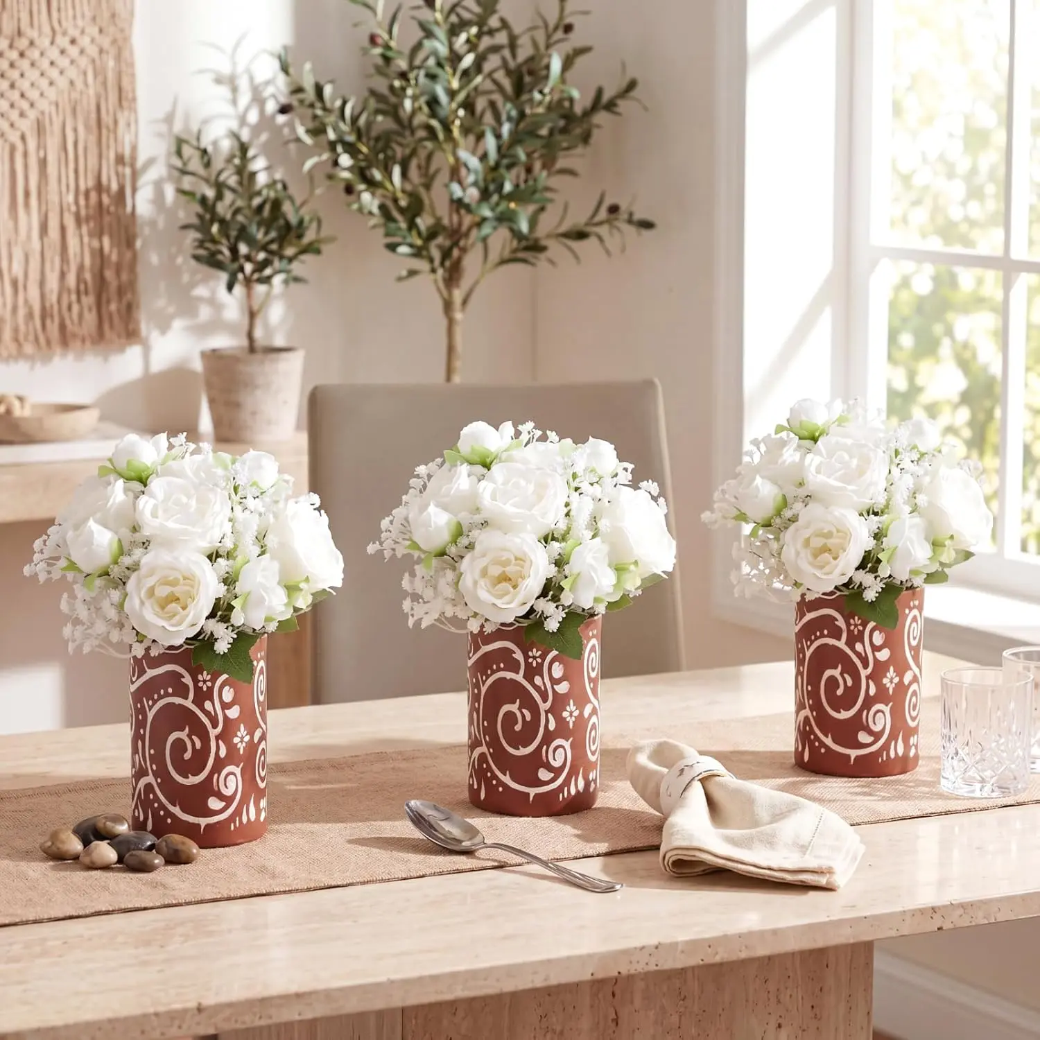 30 count Rustic Fiesta Table Centerpieces with Cardboard Paper Vases and Artificial White , Cielito Lindo  Wedding Decorations for Bridal Shower,  Shower, Birthday, Taco Party