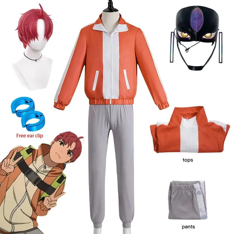 Anime Dandadan Jiji Cosplay DAN DA DAN Jin Enjoji Costume Wig Ear Clip Set Helmet Mask Earrings Eyes Halloween Men Party Fancy