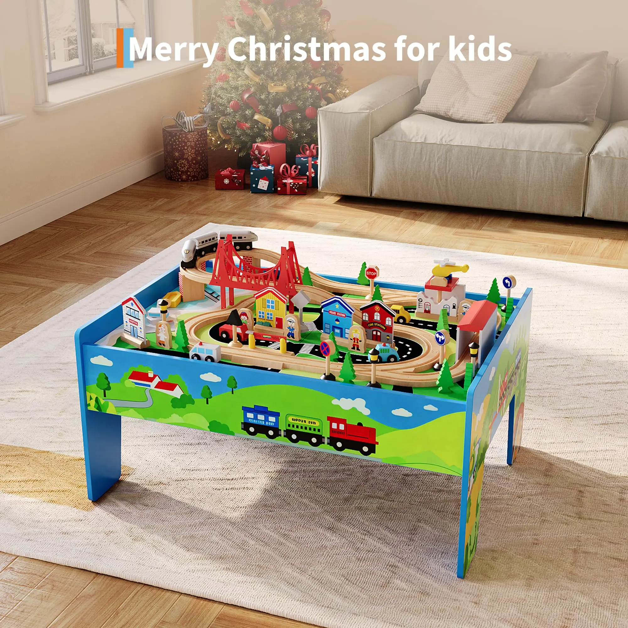 Hosslly 84-Piece Unisex Child-Friendly Wooden Train Table Toy Set, Multipiece Indoor Recreation Playset with Tracks, Drawer & Reversible Top for Kids' Playtime