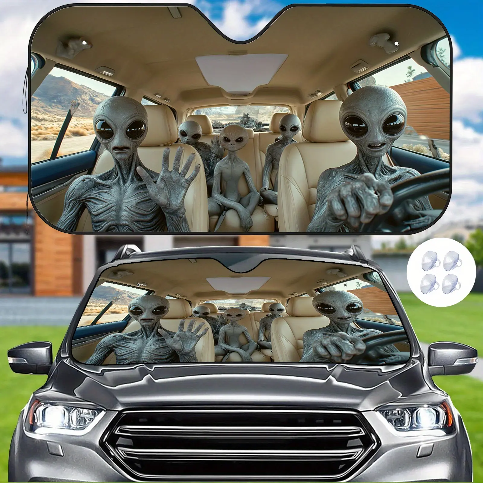 Alien Cute Car Sunshade, Windshield Sun Shade, Sunshade For Car Windshield, with 4 Free Suction Cups, Unique Heat Insulation and Scratch Prevention, Maintains a Pleasant Interior Temperature