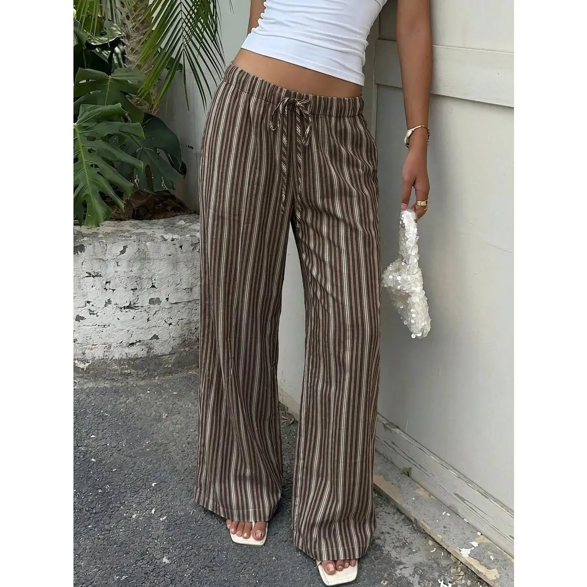 EZwear Women's Brown Checkered Striped Woven Long Pants Beach Autumn Casual