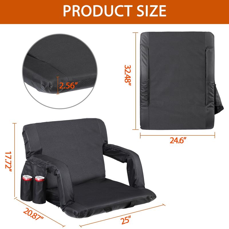 Zeny 25-in Extra Wide Stadium Seat Chair 6 Reclining Positions Padded Foldable for Bleacher Black/Red/Blue Portable Outdoor Seating with Storage Pockets