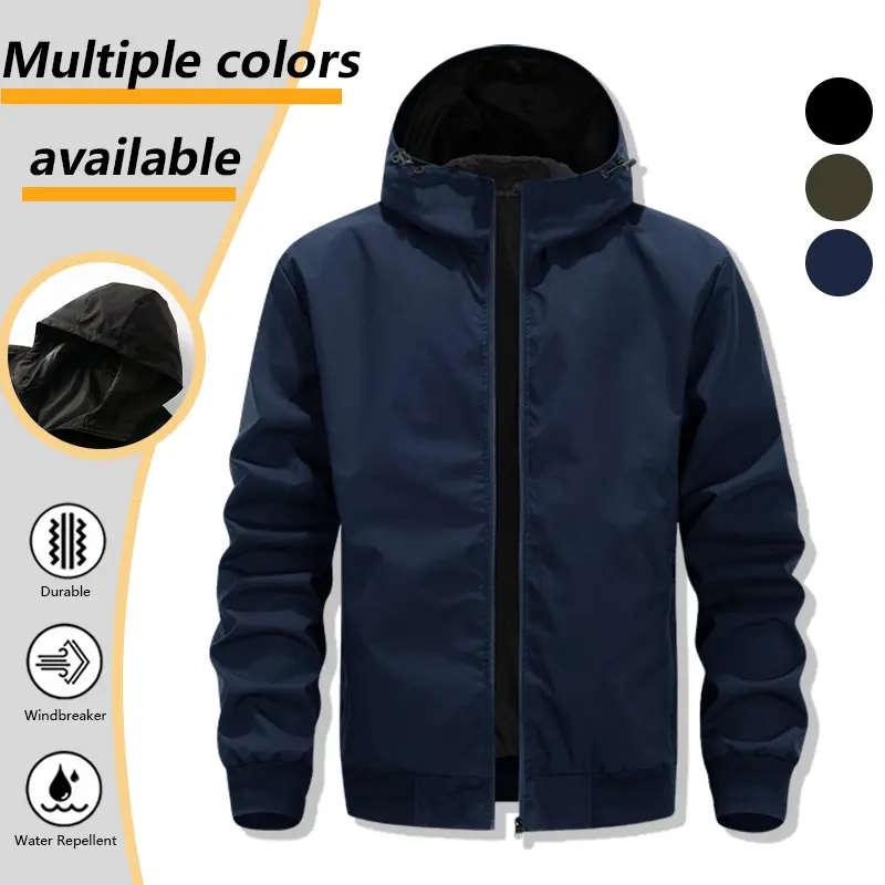 Mens Casual All Weather Bomber Wind Jacket, Built-in Drawstring Hood Ribbed Elastic Cuffs Hem, Water Repellent Long Sleeve Outer Coat for Spring Fall Urban Streetwear