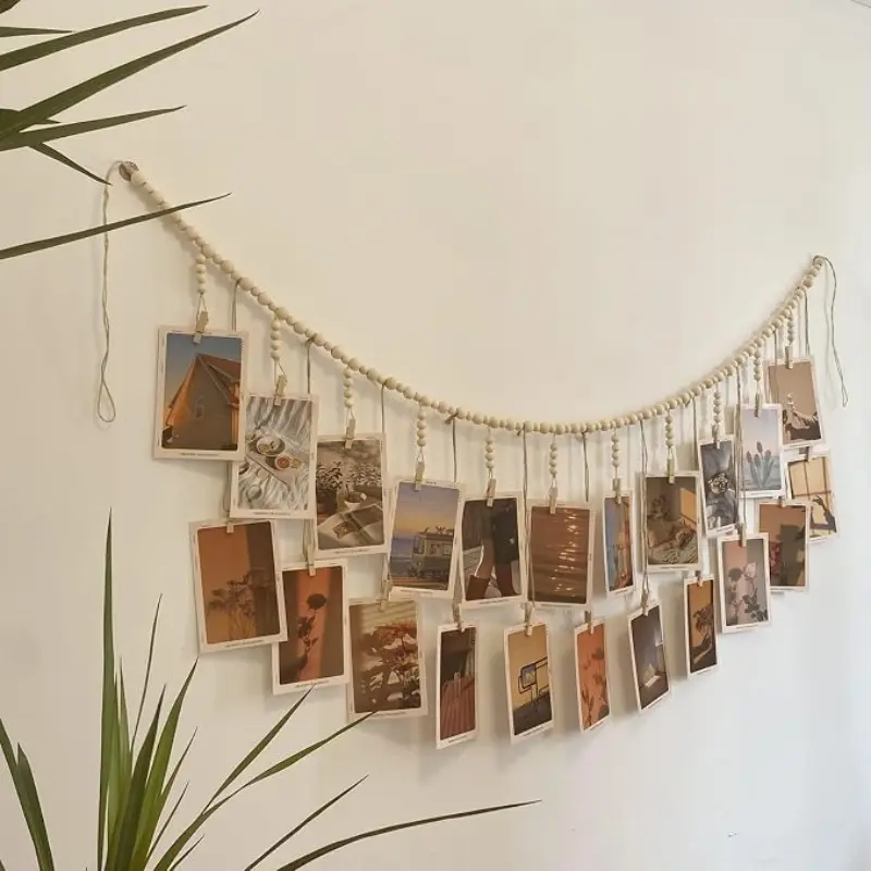 Boho Style Hanging Photo Display Rack, Ivory Color Wall Decor Lamp, Includes Clips and String Lights, Perfect Gift for Teen Girls
