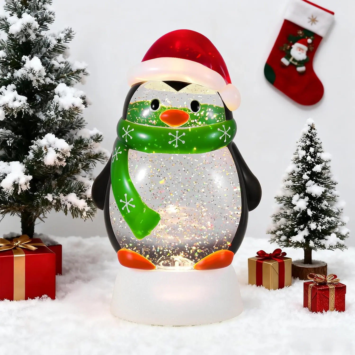 Lighted Musical Penguin Christmas Snow Globe Battery Operated or USB Powered with Timer Water Glittering Snow Globe for Christmas Party Home Table Decor Gifts