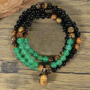 Handcrafted Beaded Necklace Set, Tiger's Eye Imitation Obsidian Green Aventurine Stone Necklace, Irregular Square Pendant Healing Crystal Jewelry for Men Women