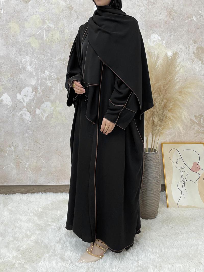 Arabic Clothing-Solid Contrast Binding Belted Abaya With Hijab Without Inner Dress, Modest Batwing Sleeve Open Front Abaya, Summer Outfits 2024, Women's Islamic Clothing for Spring & Fall, Dressy Abayas Arabic Clothing-Solid Contrast Binding Belted Abaya With Hijab Without Inner Dress, Modest Batwing Sleeve Open Front Abaya, Summer Outfits 2024, Women's Islamic Clothing for Spring & Fall, Dressy Abayas