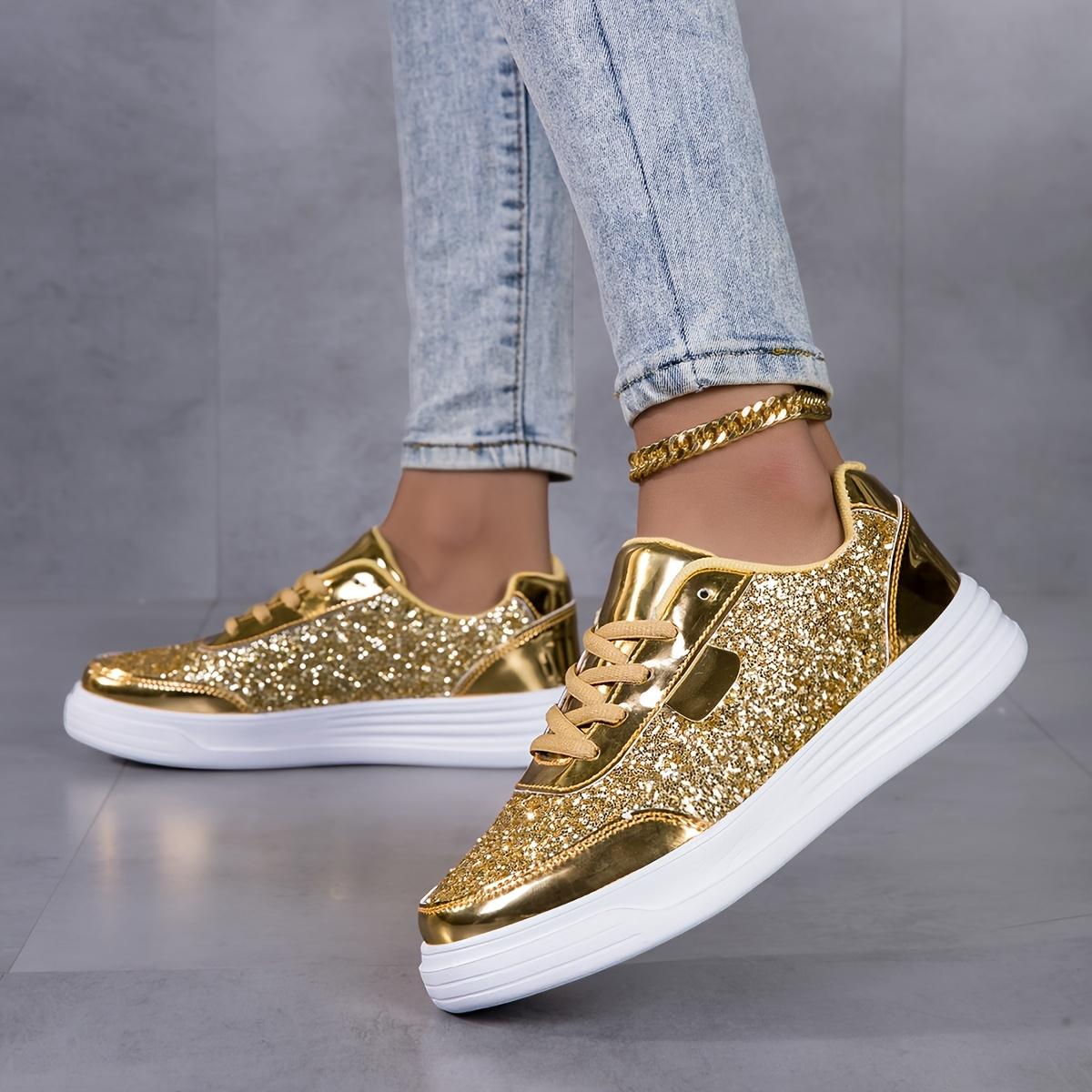 Women's fashion glossy sneakers with sparkling sequins, running shoes, street skate shoes, non-slip spring summer mesh breathable lace-up casual shoes, thick sole height incr dance shoes, lightweight soft sole low-top walking shoes