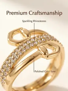 18k Paved Cz Belt Buckle, Adjustable Double D Shaped Crystal Ring, Stackable Finger Ring for Women, Trendy Jewelry Gift