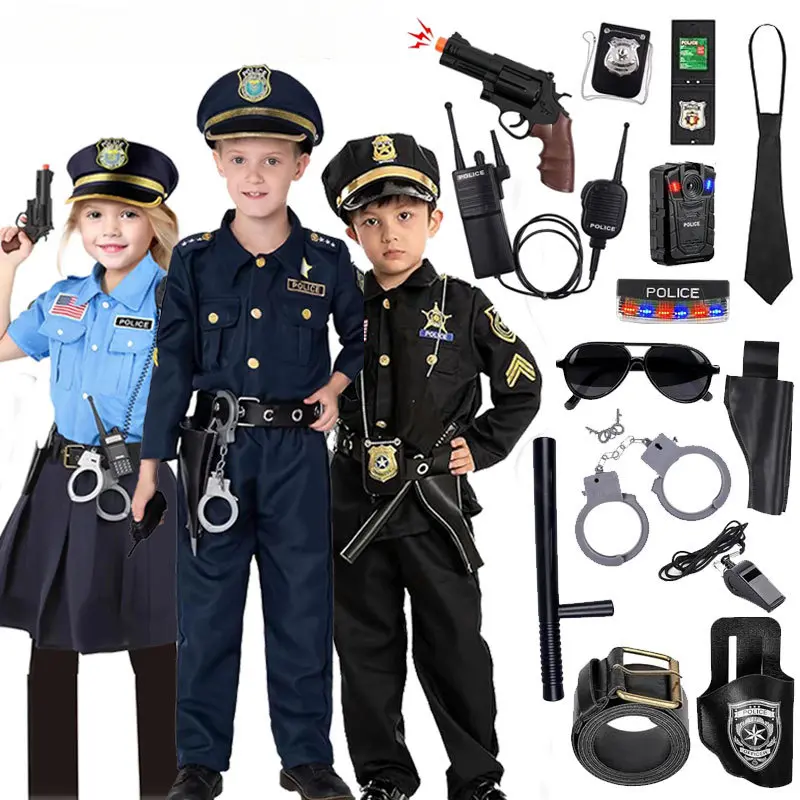 Police Officer Costume Set For Kids - Navy Blue Cop Uniform with Shirt, Pants, Hat, Belt, Whistle, Holster & Walkie Talkie – Perfect for Halloween, School Play & Patriotic Festival - Cosplay Costume