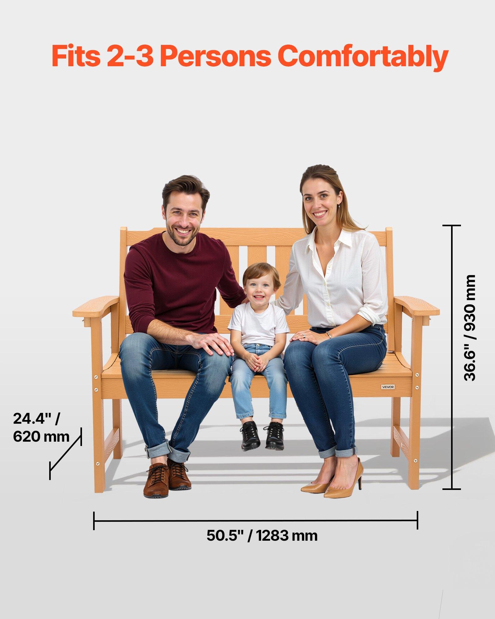 VEVOR Outdoor Bench, 50.5 inch, 800 lbs Weight Capacity for 2-3 Persons, Weatherproof Plastic Frame with Backrest and Wide Armrests, Outside Bench for Patio, Garden, Park, Yard, Natural Wood Color VEVOR Outdoor Bench, 50.5 inch, 800 lbs Weight Capacity for 2-3 Persons, Weatherproof Plastic Frame with Backrest and Wide Armrests, Outside Bench for Patio, Garden, Park, Yard, Natural Wood Color
