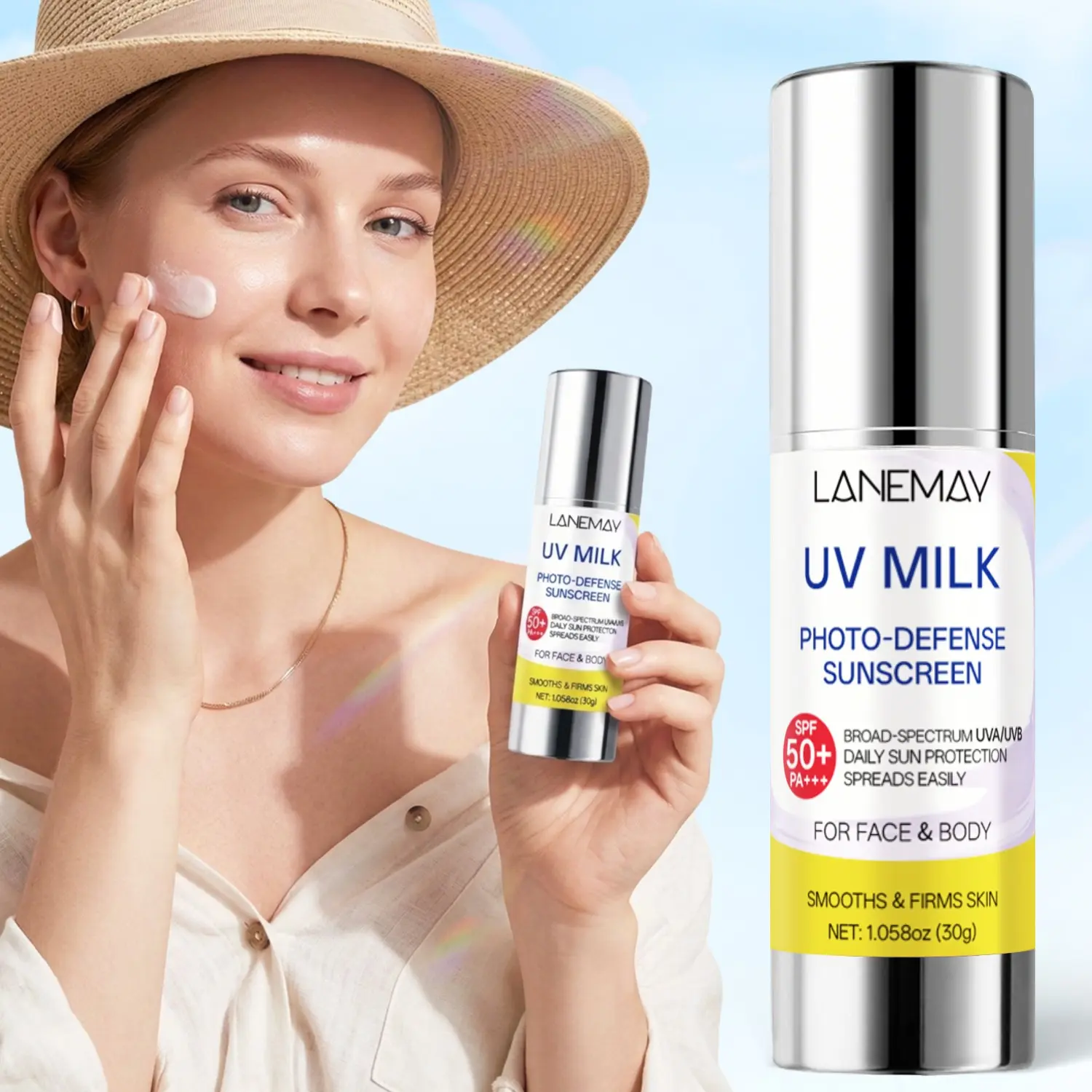 30g SPF50+ Photo-Defense Sunscreen Milk with Vitamin A, C, E, Glycerin - Daily Sun Protection, Smooths & Firms Skin, Spreads Easily, Lightweight Invisible Finish - For Face & Body, Daily Sun Care