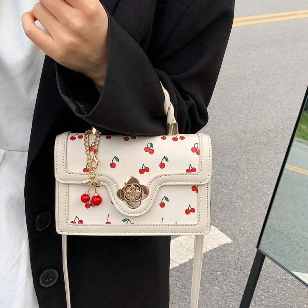 Fashionable High-End Pu Handbag Crossbodybag for Woman, Tote Bag With Versatile Square Shape Cute Cherry Print Shoulderbag, Perfect For Shopping, Dating Or CrossBody For Girls Send Scarf.
