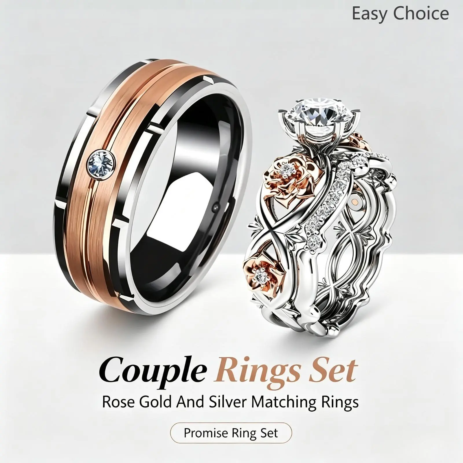 His and her couples ring sets, rose gold stripes and rose design rhinestones, engagement wedding jewelry, decorative matching accessories for boyfriends and girlfriends, intimate adult gifts for marriage proposals, weddings and romantic occasion outfits