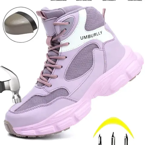 Women's Fashionable Letter Design High Top Safety Shoes, Casual Comfortable Breathable Anti-smash and Anti-puncture Shoes, Female All-match Round Toe Shoes for Work, Steel Toe Boots Lady, Steel Toe Workshoes, Workwear Shoes