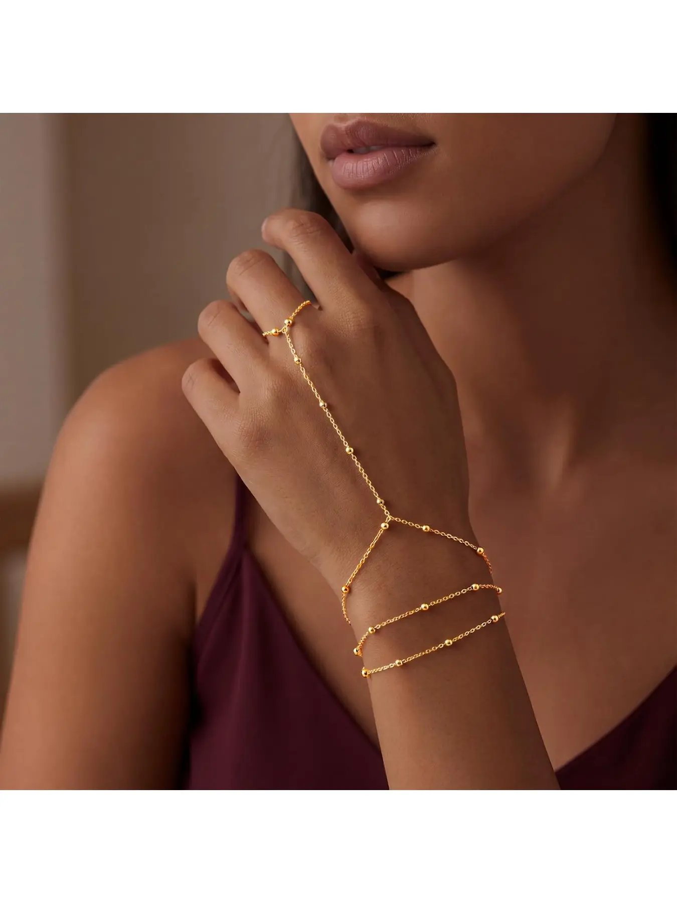 Golden Hand Chain Bracelets for Women, Dainty Waterproof Ring Bracelet Hand Chain Trendy Cubic Zirconia Stackable Beach Summer Bracelets Fashion Jewelry Gift