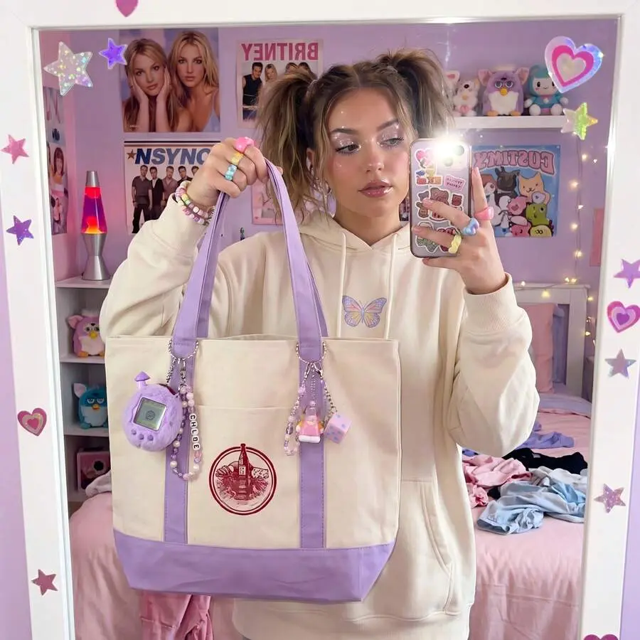 Pastel Canvas Tote Bags Big Reusable Grocery Shopping Bag Contrast Handle Women Daily Handbag