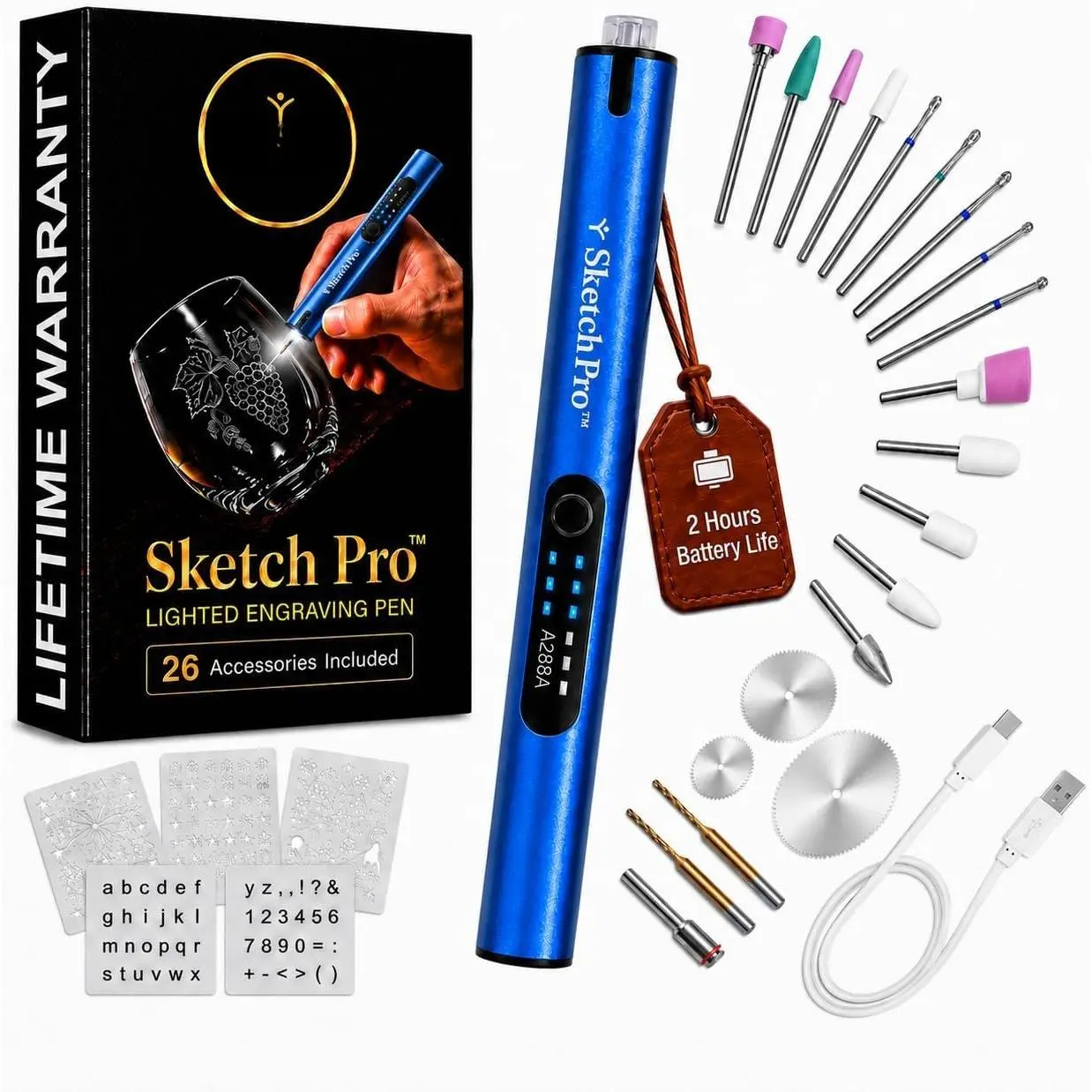 SketchPro Cordless Engraving Pen with LED Light – 3-Speed Precision Etching Tool for , Metal, Glass & Plastic – USB-C Rechargeable, 26 Accessories – Ideal for DIY,  & Craft Projects