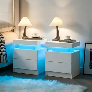LED Nightstands Set of 2 with Drawers and Adjustable Color Lights, Modern Bedside Tables for Bedroom Living Room Furniture Night Stand Pair White