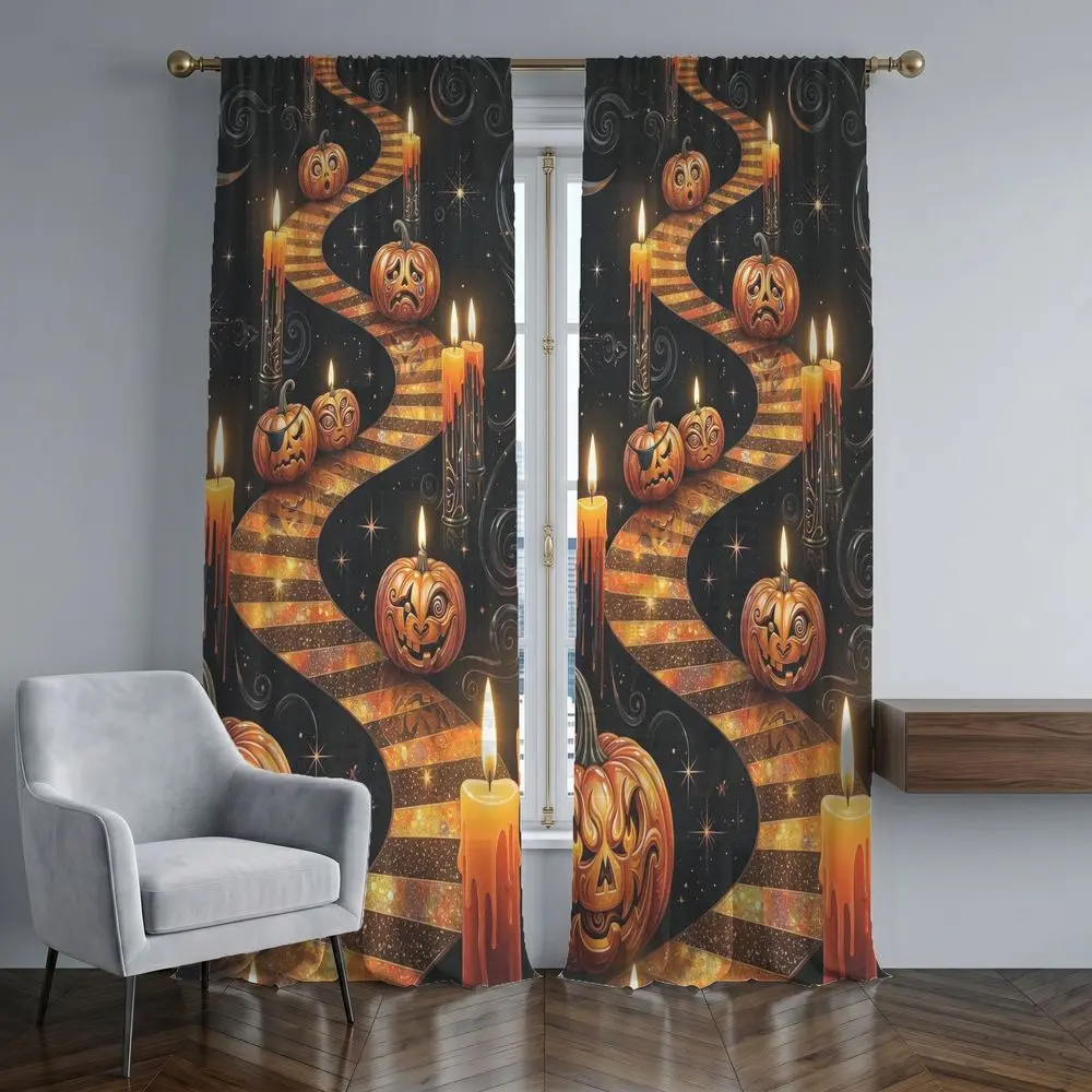 2-Pack Gothic Halloween Pumpkin & Candle 2D Printed Art Style Curtains, heavy-duty fabric, spooky vintage night style. Perfect for living room, bedroom, balcony, bay window and over 99 themed home decoration scenes.