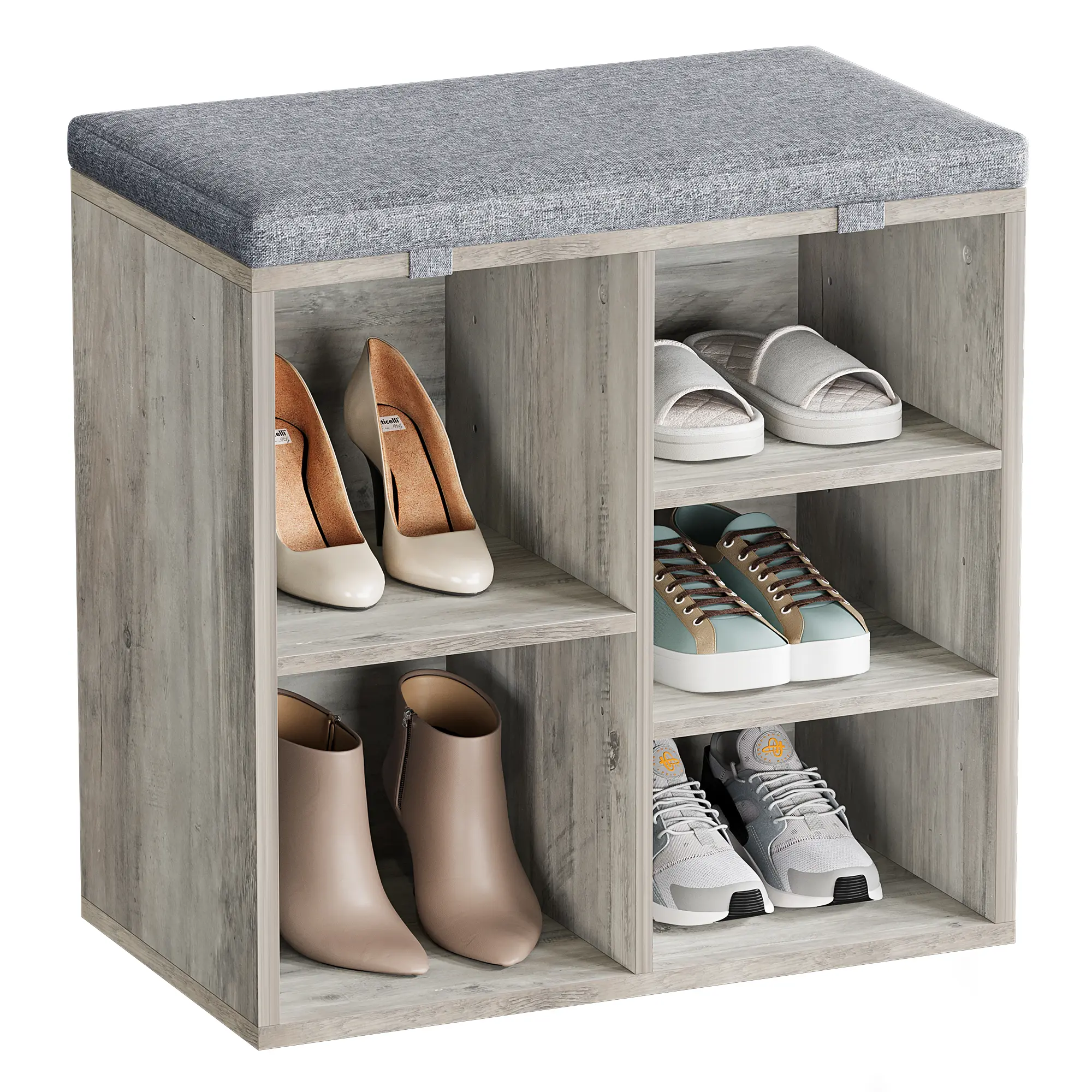 Entryway Shoe Bench with Storage & Cushion – 10-Cubby, 3-Tier Adjustable Shelf Shoe Rack, Comfortable Seating for Hallway, Bedroom, Living Room – Modern Grey Design