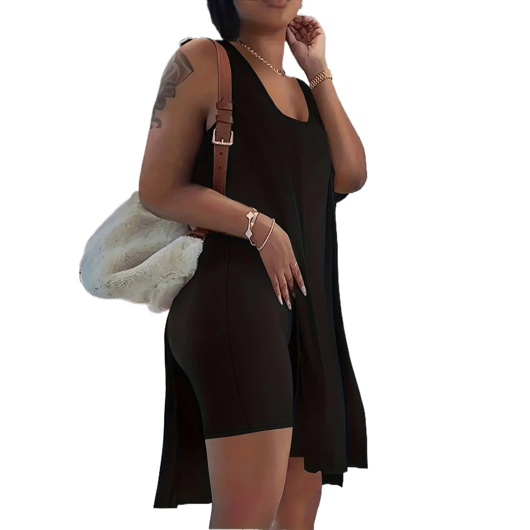 Plus Size Basic Loungewear Set, Casual Oversized 2-Piece Solid Cami and Shorts Outfit with Split Hem, Stretch Fabric, Sleeveless, Oversized Two-Piece Short & Top Sets