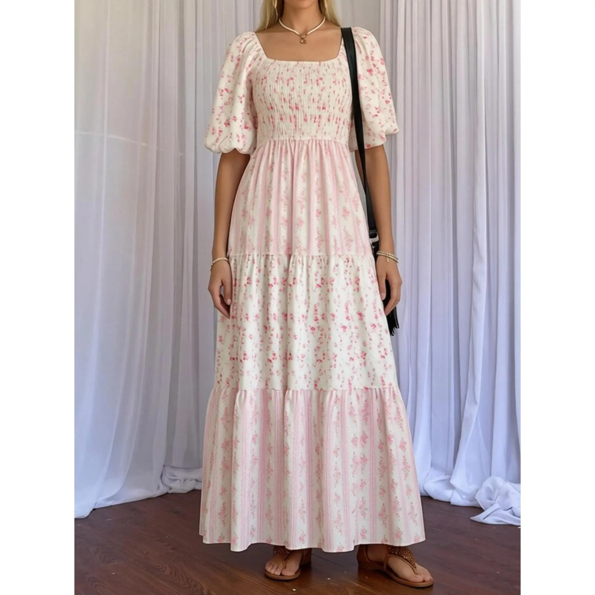 Summer Beach Dress y2k Women Short Sleeve Square Neck Tiered Floral Long Vacation Dress