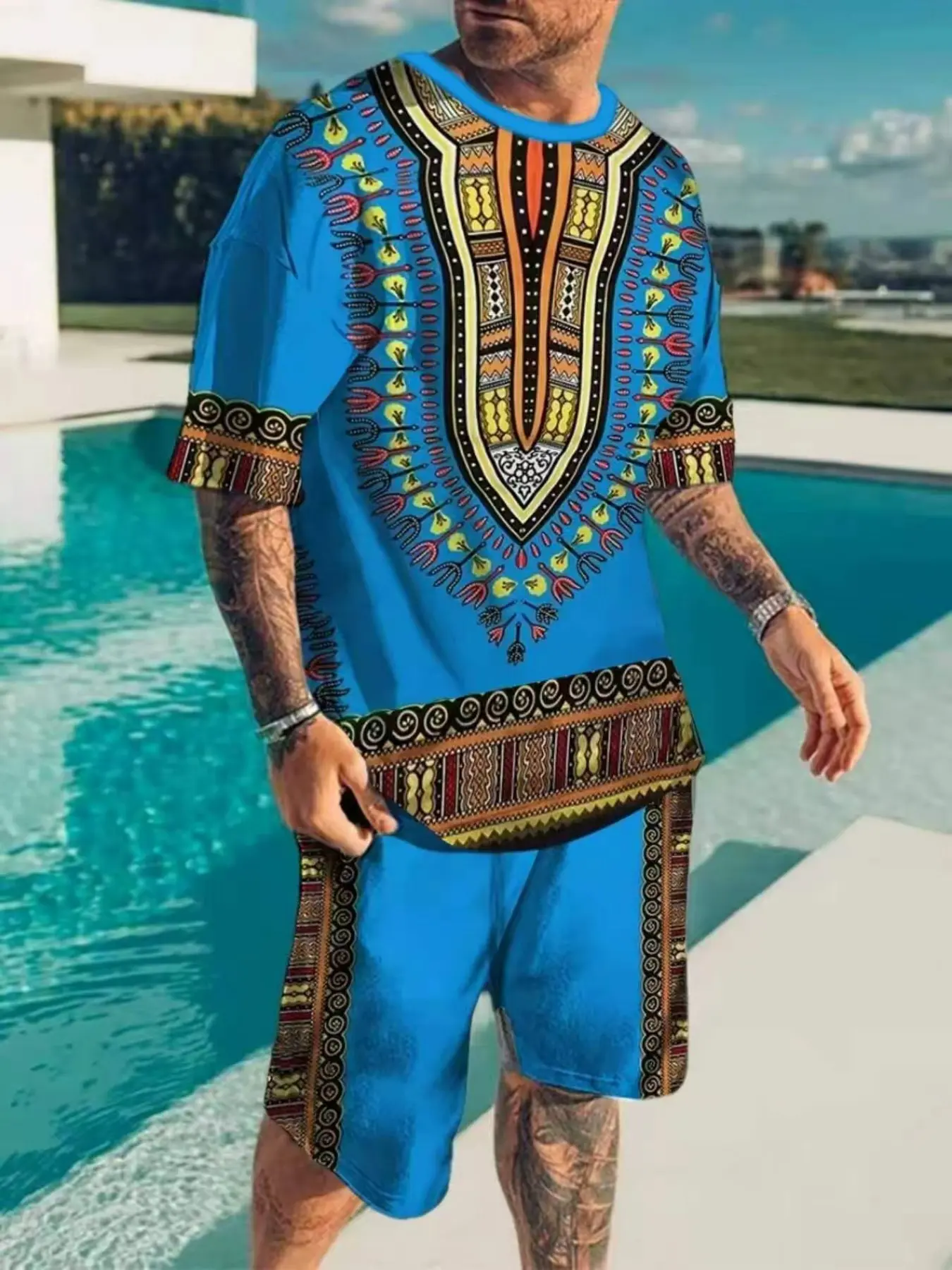 Men's Ethnic Style Pattern Set, Digital Print Short Sleeve Round Neck T-Shirt and Colorblock Shorts, Summer Holiday Casual