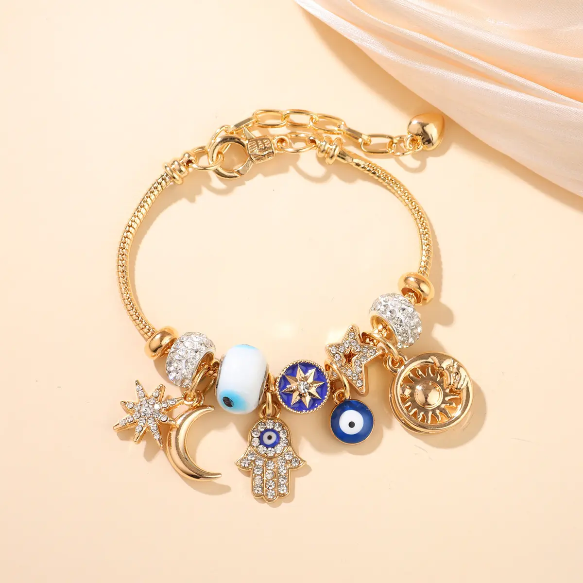 Celestial Charm Bracelet for Women |    Moon, Hamsa Hand, Evil Eye & Tree of Life Charms |   Gold Adjustable Chain |    Fashion Jewelry Gift