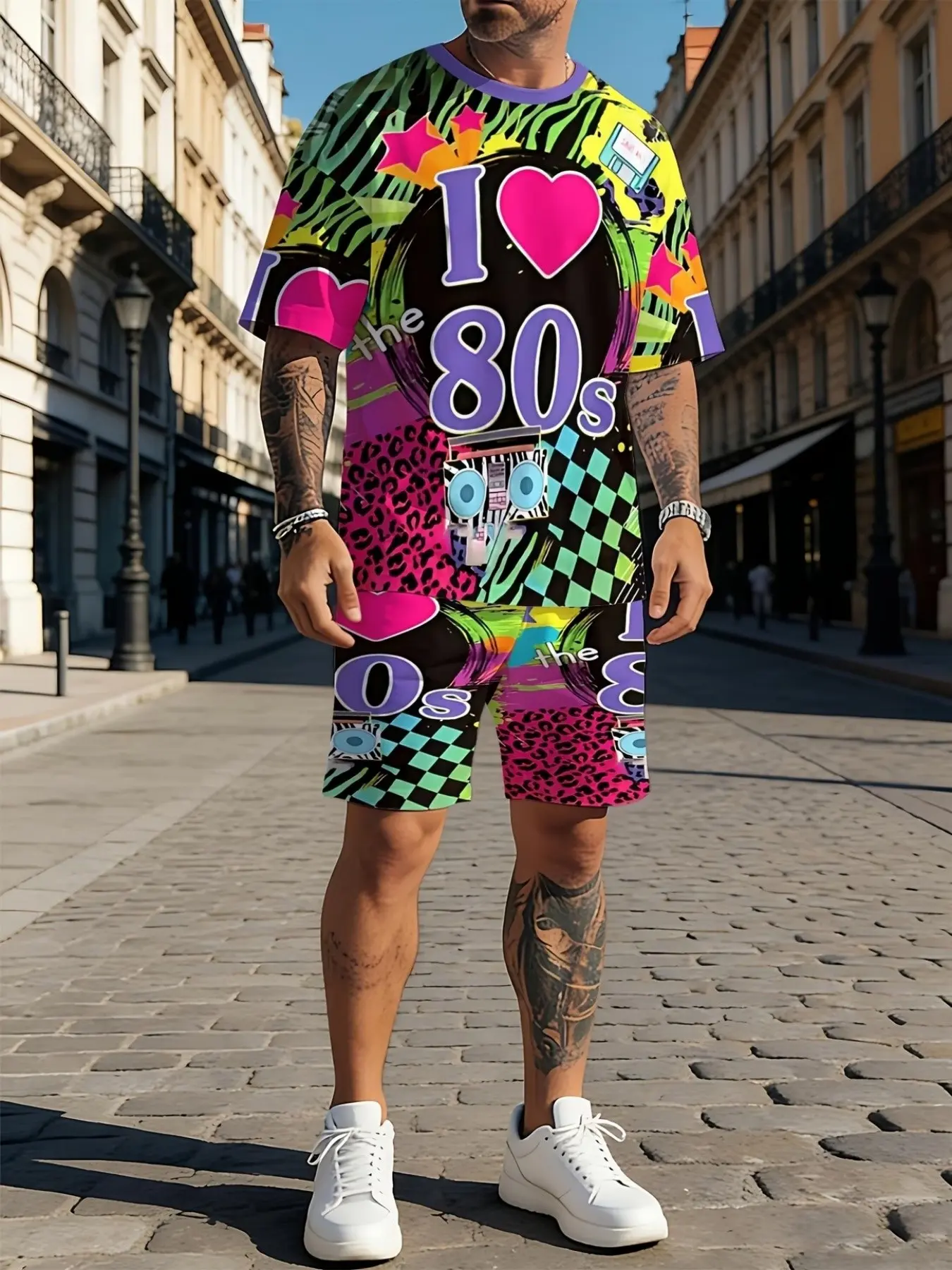 Men's Fashion I Love 80s Printed Set, Casual T-Shirt and Drawstring Shorts, Outdoor Sports and Leisure Wear, Best Gift for Men
