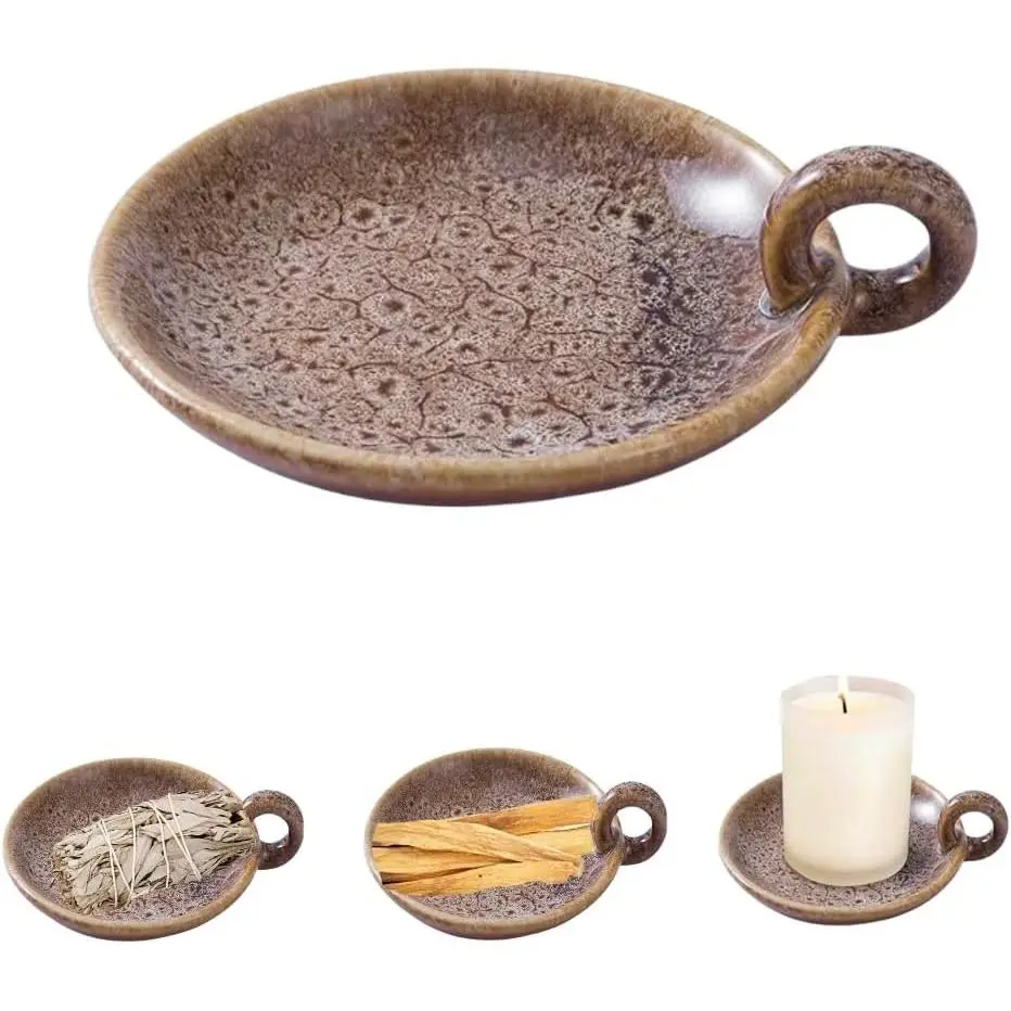 1pack Vintage Ceramic Candle Holders with Handle, Round Farmhouse Ceramic Plate Tray, Sage Holder for Burning, Incense Holder for Meditation Room Home Decor (Khaki)
