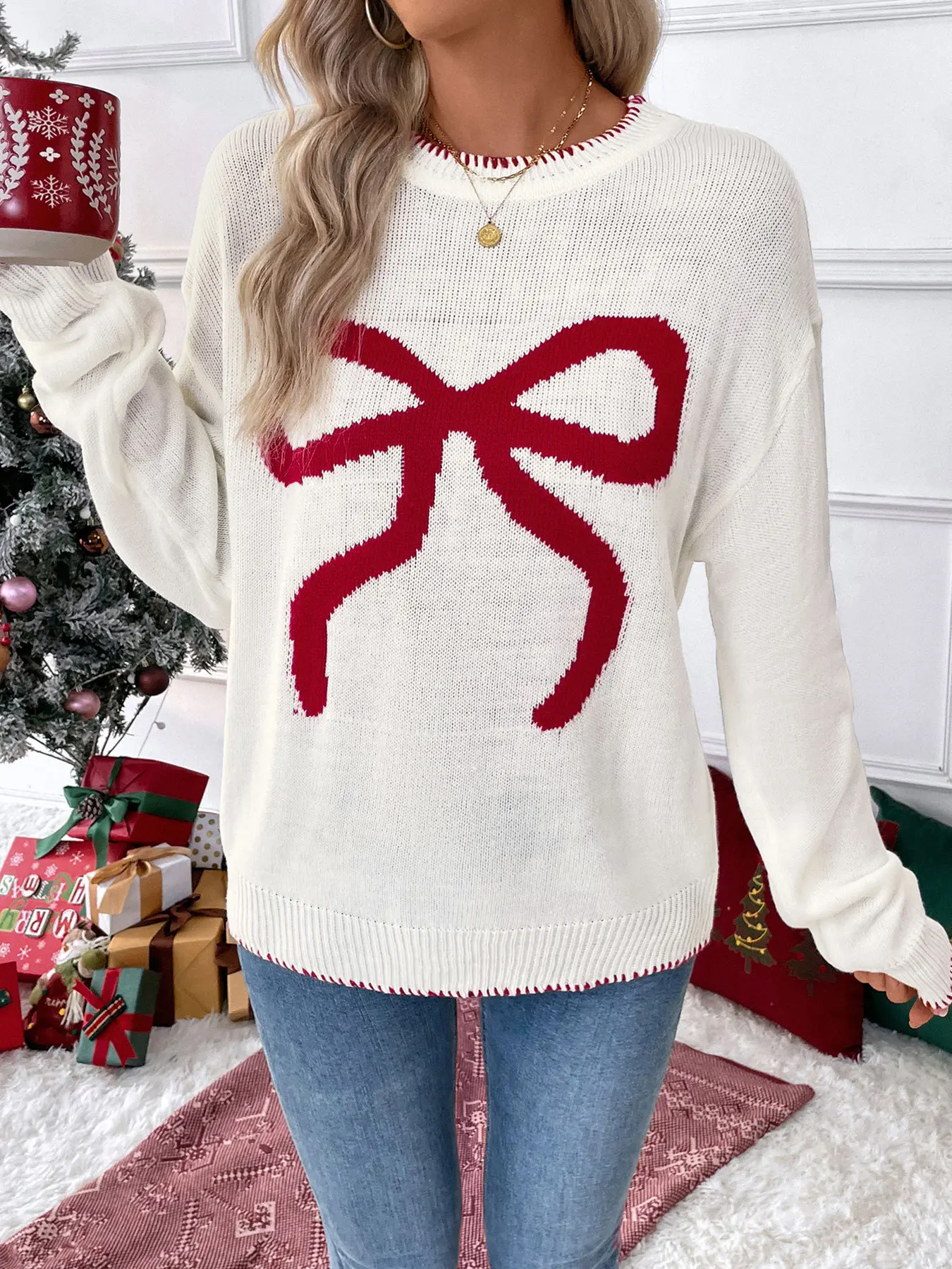 Autumn Winter New Fashion Loose Long Sleeve Round Neck Christmas Sweater, Women's Casual Holiday Knitwear, Comfortable and Stylish, Casual Chic Knitwear