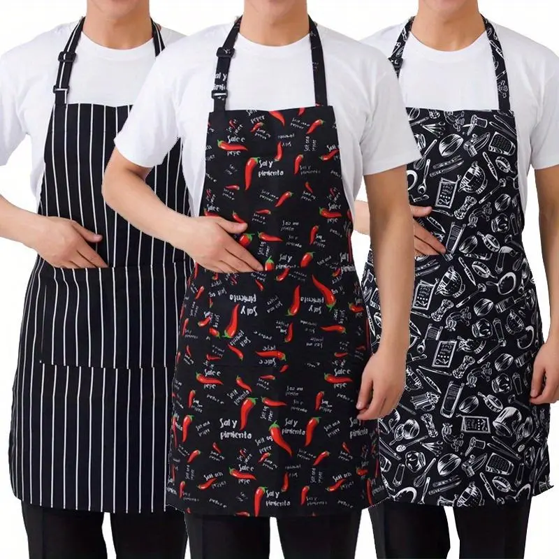 Adjustable Half-Length Adult Apron with 2 Pockets - Stylish Striped, Chili Pepper, and Kitchen Utensil Patterns - Ideal for Cooking, BBQ, and Picnics, Cooking Apron|Stylish Striped Apron|Pocketed Apron