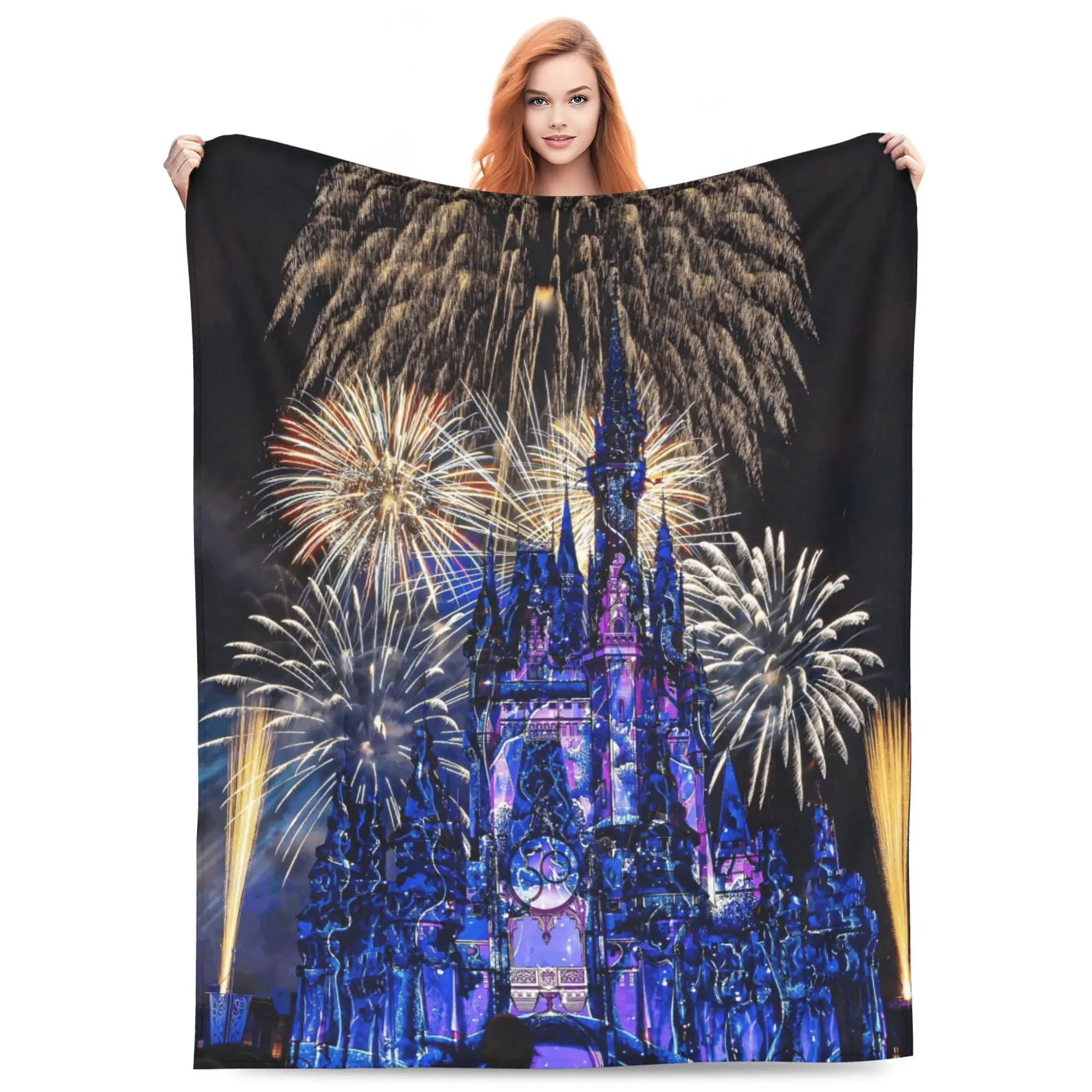 DISNEY CLASSIC Castle Fireworks Throw Blanket, Magical Night Purple Lit Cinderella Castle Firework Show Print, Soft Flannel Lightweight Cozy Blanket for Sofa Bed Home Decor