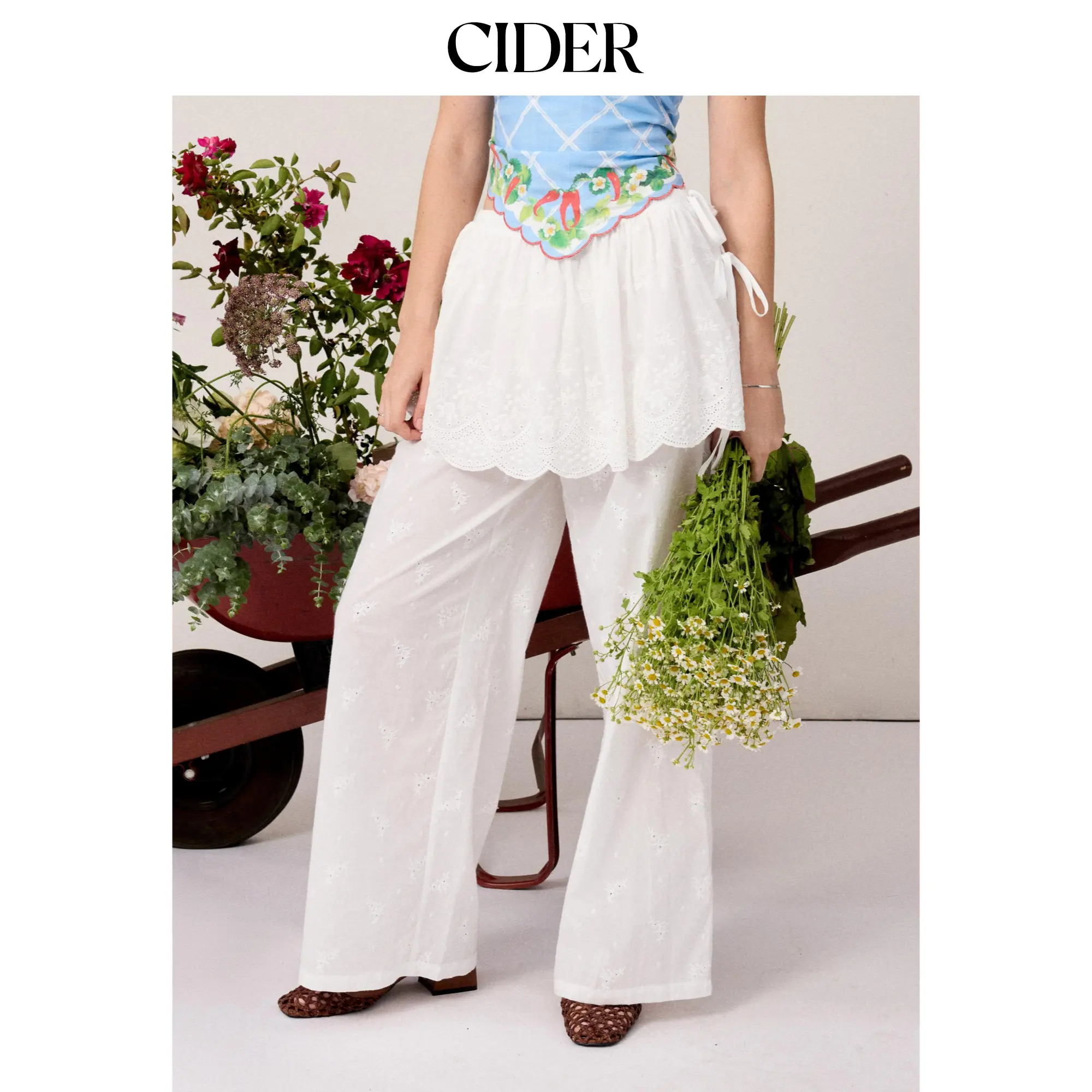 Cider Cotton High Rise Broderie Anglaise Ruffled Peplum Oversized Straight Leg Trousers