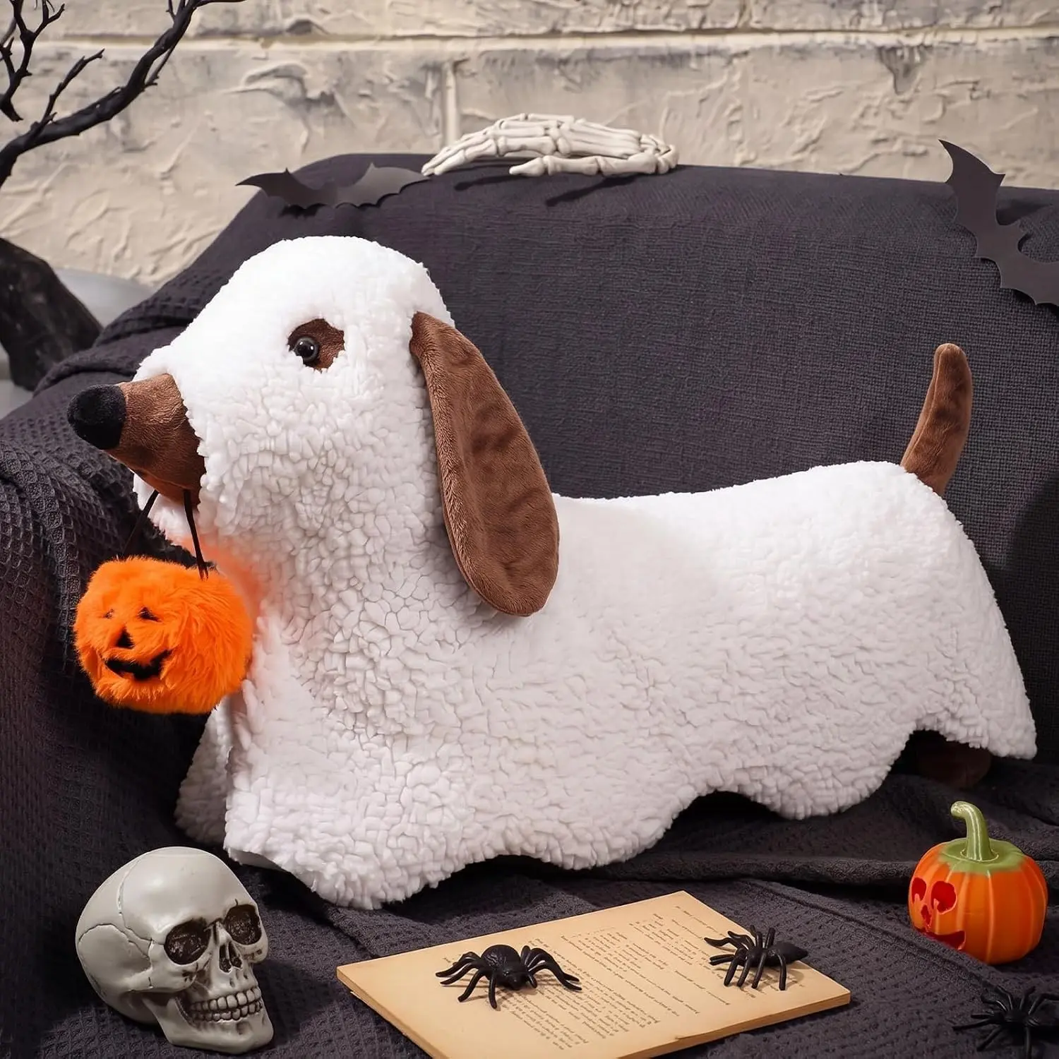 Leinuosen 26 Inch Halloween Dachshund Pillows Wiener Dog Ghost Decoration | Halloween Ghost Dog Pillows, White Soft Plush Sherpa, 3D Fluffy Cute Spooky Holding Pumpkin Gifts, Sofa Couch Bed Indoor Home