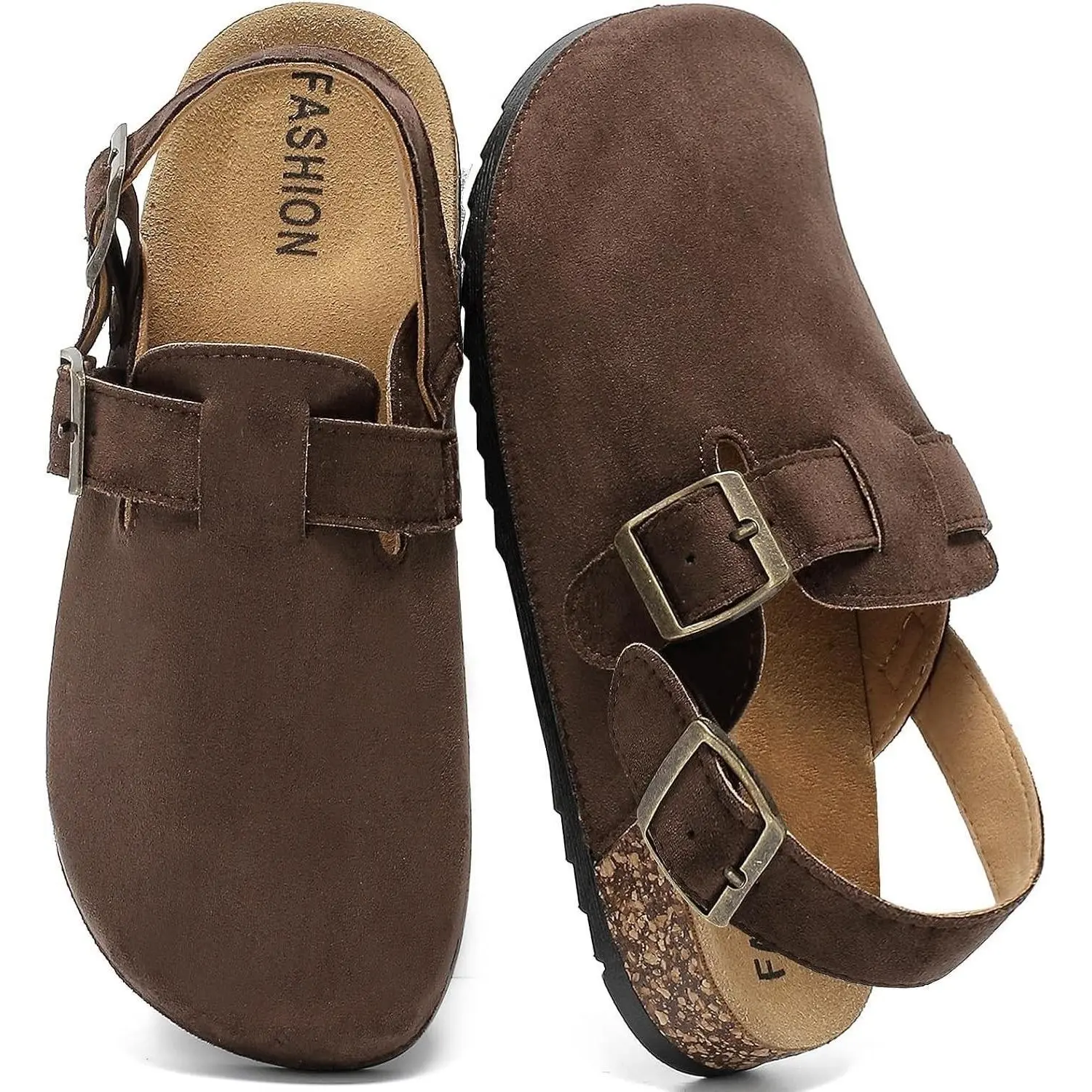 Women's Suede Clogs with Back Strap Cork Footbed Leather Mules Comfort Memory Foam Slingback Sandals Adjustable Buckle Slip-On