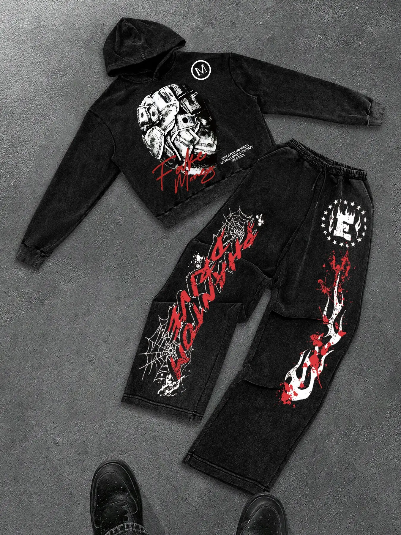 Y2K Grunge Streetwear Tracksuit Set Men Women Acid Wash Hoodie Spider Web Sweatpants Vintage Graphic Flame Joggers Casual Skate Outfits