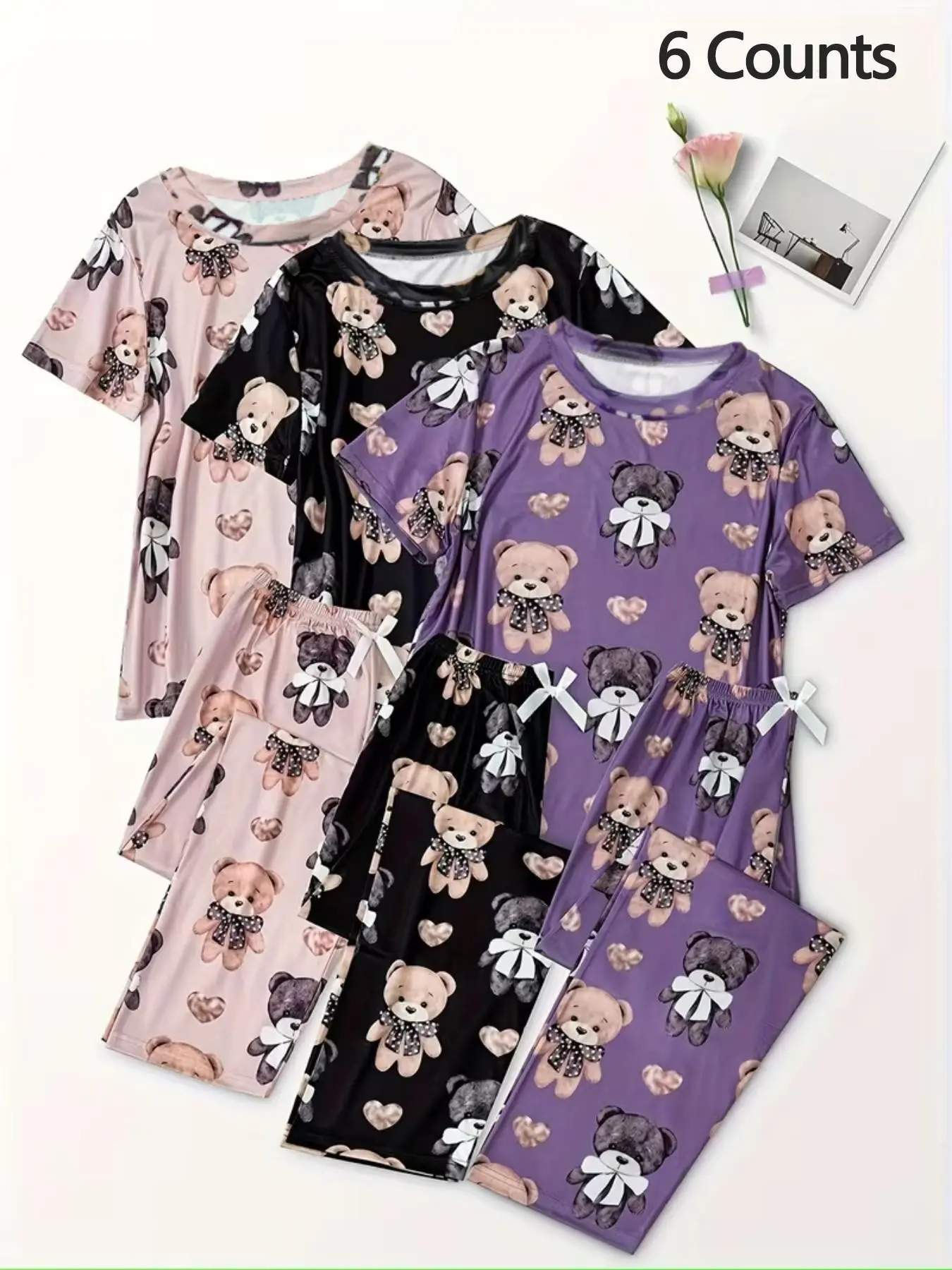 6-Piece Bear Heart Print Short Sleeve Long Pants Pajama Set, Cozy Home Wear, Comfortable Sleepwear for Adults & Kids