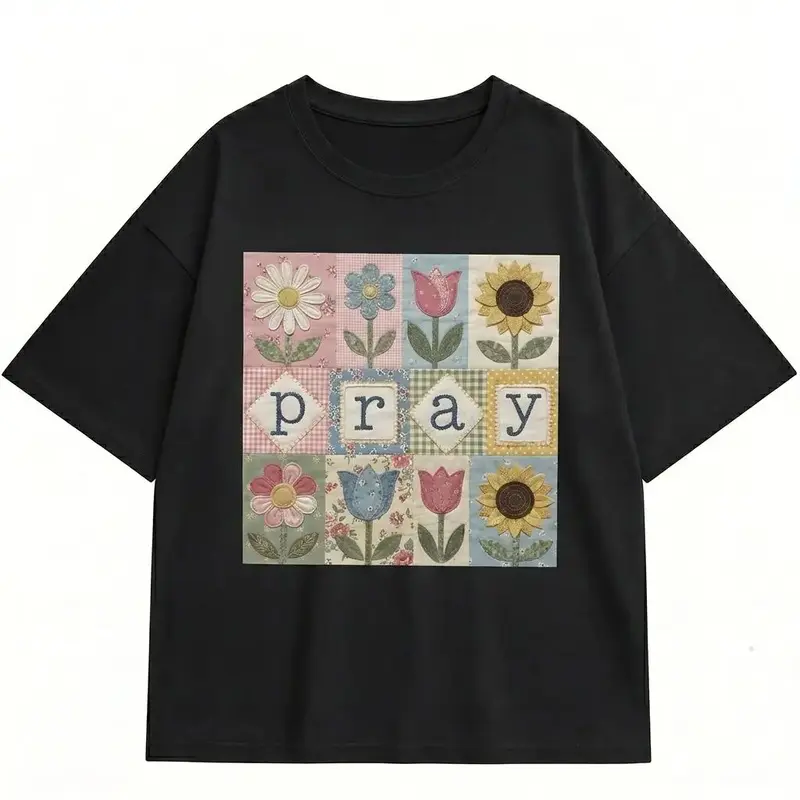 Women's Pray Floral Patchwork Christian Graphic T-Shirt - Casual, Comfortable Everyday Tops & Outfits