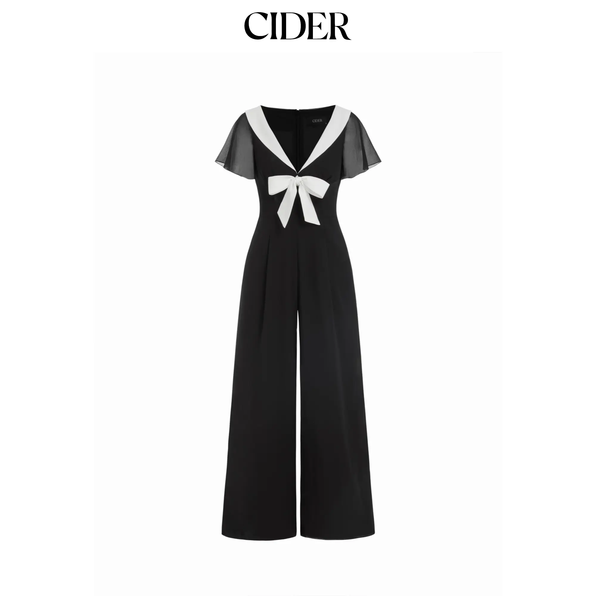 Cider Chiffon V-neck Colorblock Ruffle Sleeve Bowknot Ruched Wide Leg Jumpsuit