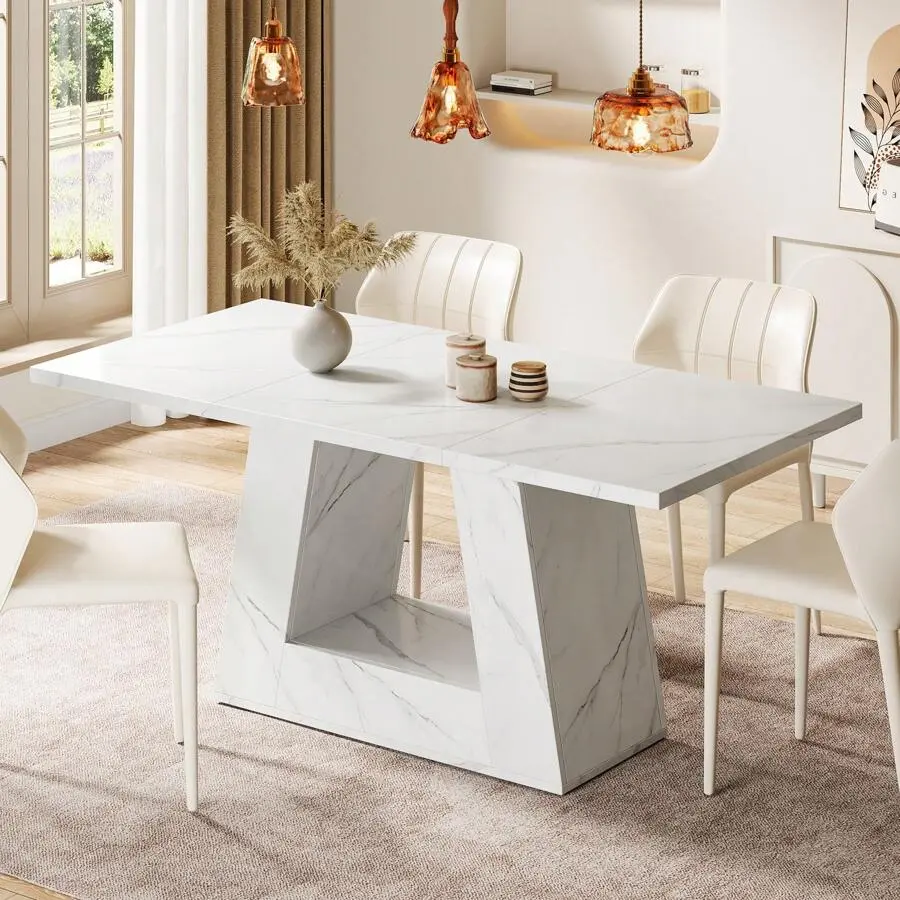 Modern Faux Marble Dining Table For 4 To 6 People, 63-Inch Rectangular Dining Room Table Dinner Table For Kitchen, Living Room