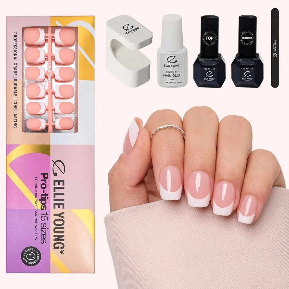ELLIE YOUNG Pro-Tips Short Square White French Tips with Nude Base, 150pc Press-On Nails Kit – 15 Sizes, Matte Gel Acrylic Look, Soft Gel DIY Extensions