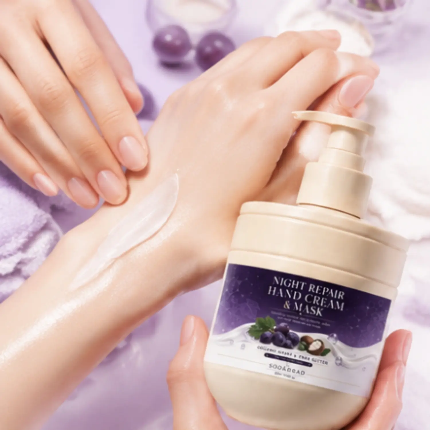 Night Repair Hand Cream, Organic Grape, Shea Butter, Nourishing overnight care, Softening, Deeply moisturizing, For hands, For very dry skin, 10.58fl oz, 300ml