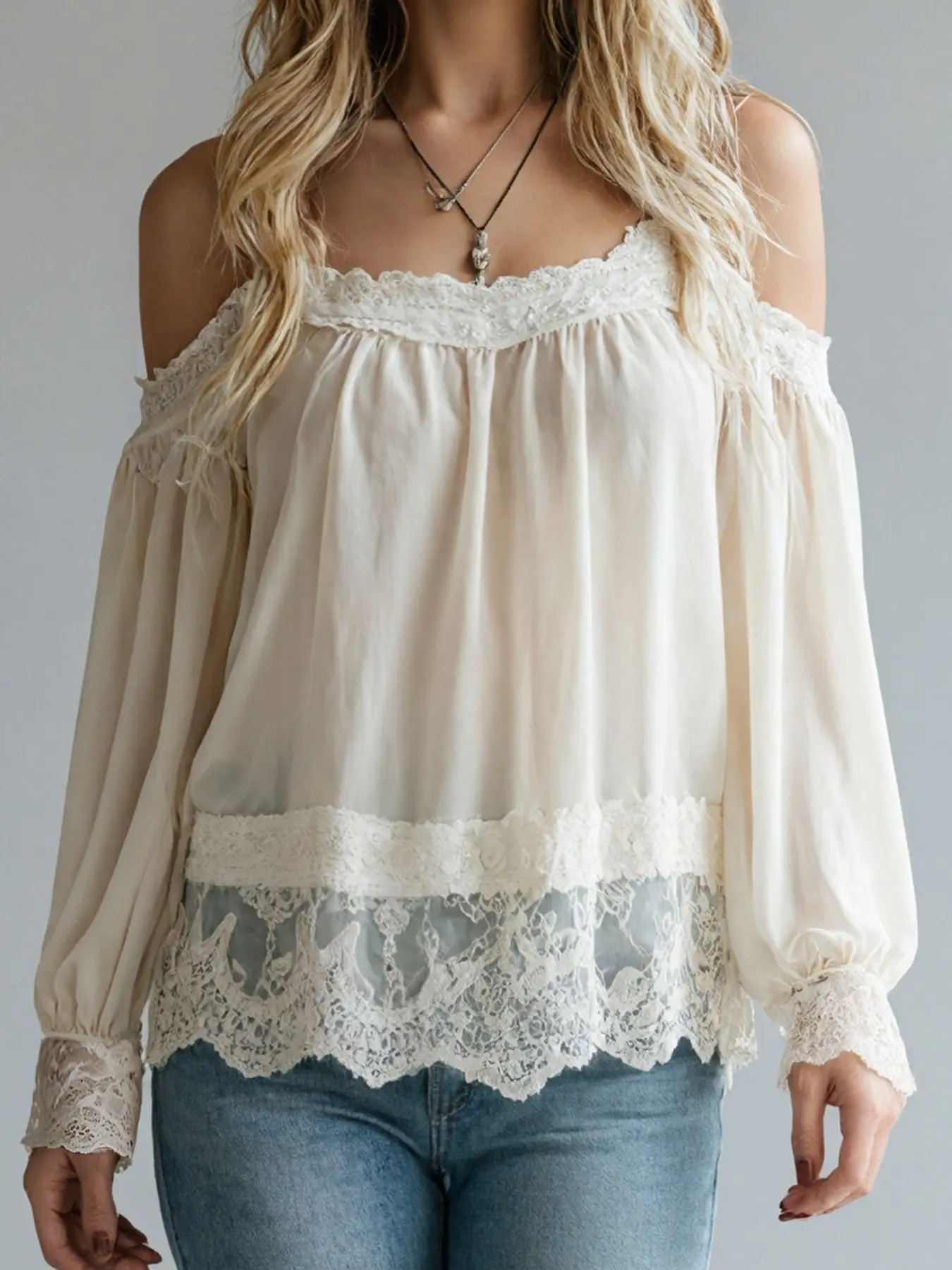 Boho Lace Off-Shoulder Tank Top, Loose Vertical Stripe Bubble Long Sleeve, Ruffled Hem, Vacation Style Casual Women's Cover-Up, Blouses Shirts Bohemian